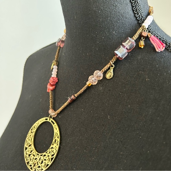 Chico’s Gold Pendant Beaded Statement Necklace - Picture 2 of 5